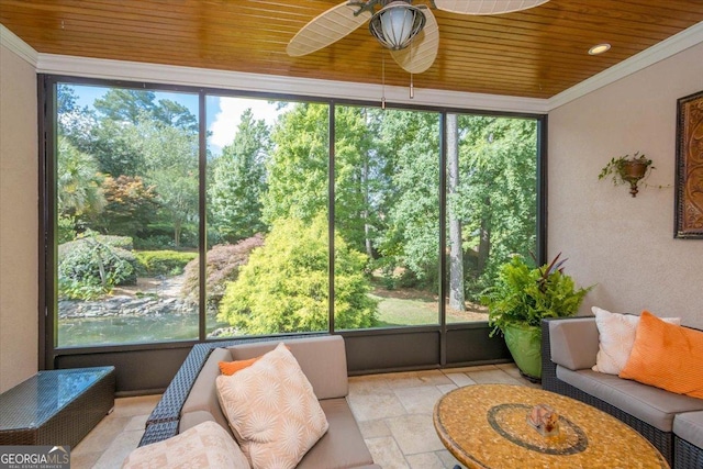 sunroom / solarium featuring ceiling fan and wooden ceiling