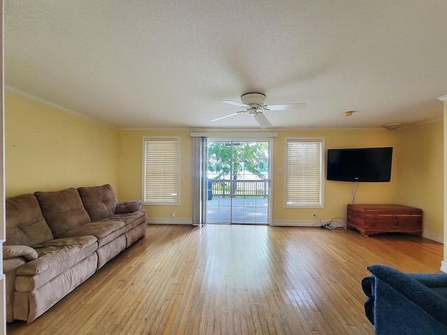 living room featuring crown molding, a textured ceiling, ceiling fan, and light hardwood / wood-style flooring