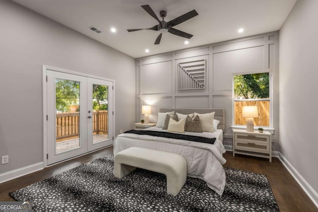 bedroom featuring ceiling fan, dark hardwood / wood-style flooring, french doors, and access to outside