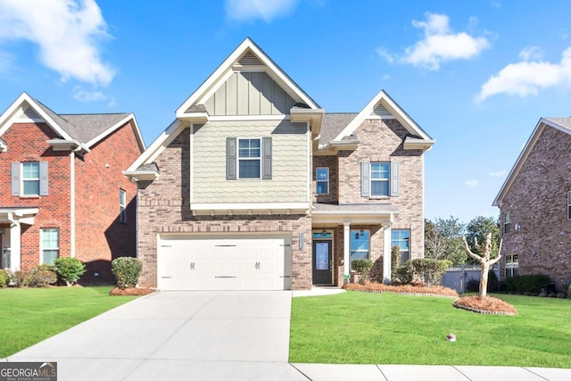 craftsman-style home featuring a front yard and a garage