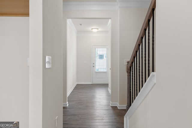 foyer entrance with dark hardwood / wood-style flooring and ornamental molding