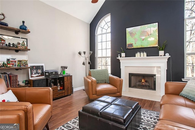 living room with a premium fireplace, lofted ceiling, and hardwood / wood-style flooring