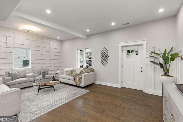 living room with dark wood-type flooring