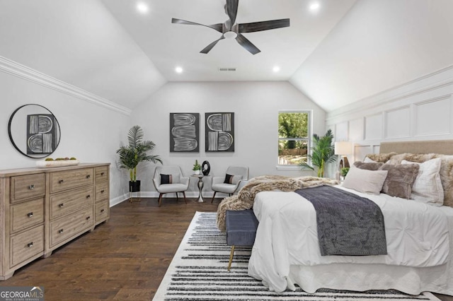 bedroom featuring vaulted ceiling, ornamental molding, ceiling fan, and dark hardwood / wood-style flooring