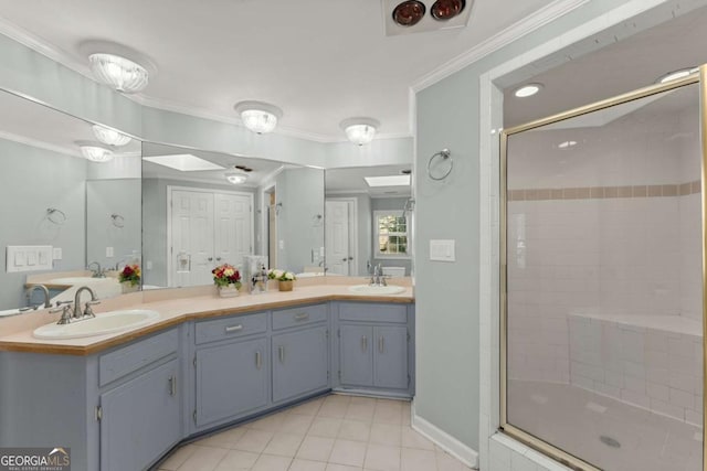 bathroom featuring an enclosed shower, vanity, tile patterned flooring, and ornamental molding