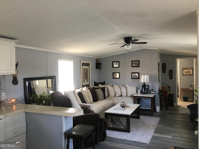 living room with vaulted ceiling, ceiling fan, ornamental molding, and dark hardwood / wood-style floors