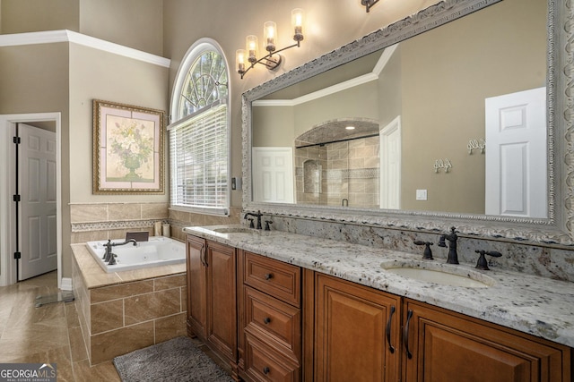 bathroom with vanity, tile patterned floors, crown molding, and plus walk in shower