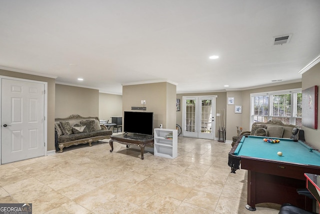 recreation room featuring french doors, billiards, and ornamental molding