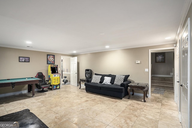 living room with crown molding and billiards