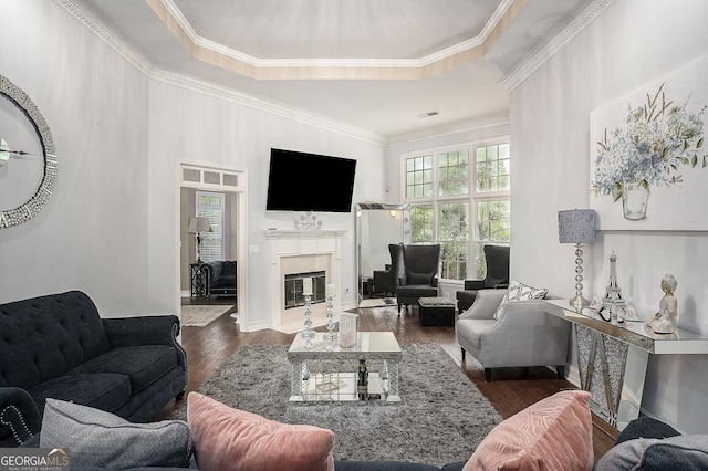 living room featuring a raised ceiling, crown molding, and dark hardwood / wood-style flooring