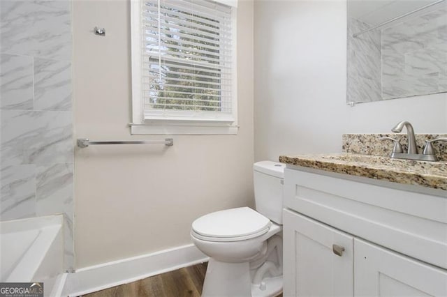 full bathroom featuring separate shower and tub, hardwood / wood-style flooring, vanity, and toilet