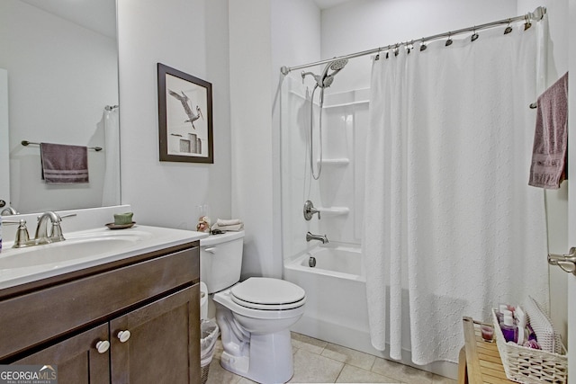 full bathroom with shower / bath combo, tile patterned flooring, vanity, and toilet