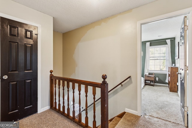 hall featuring light colored carpet and a textured ceiling