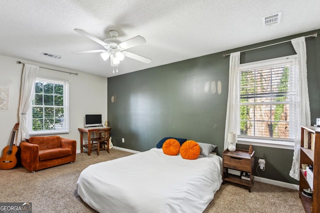 bedroom featuring multiple windows, a textured ceiling, ceiling fan, and carpet