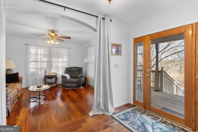 foyer with ceiling fan, hardwood / wood-style floors, and plenty of natural light