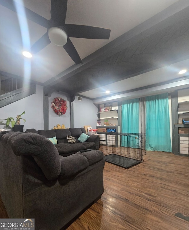 living room with hardwood / wood-style flooring and ceiling fan