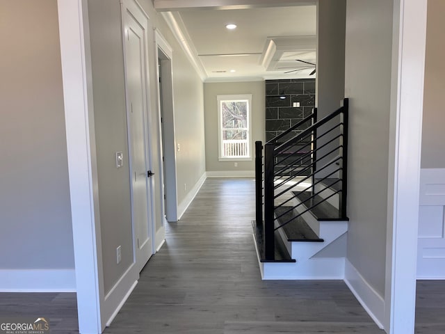 corridor featuring ornamental molding and dark hardwood / wood-style floors