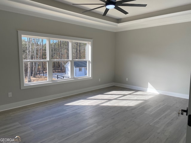 empty room with hardwood / wood-style flooring, a raised ceiling, and ceiling fan