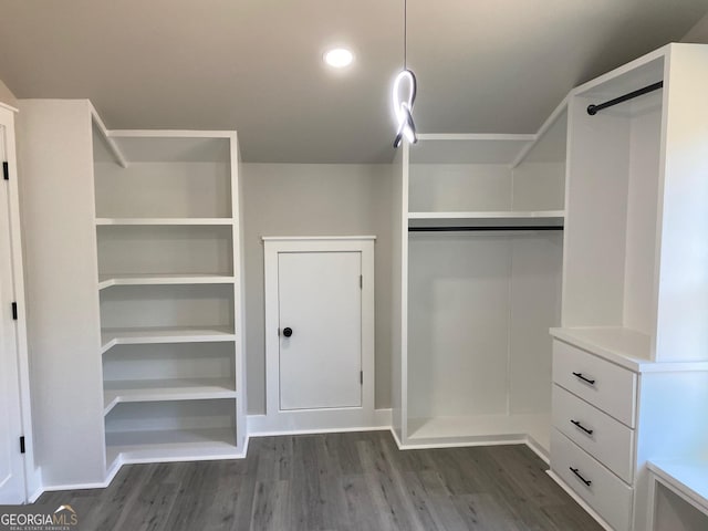 spacious closet featuring dark hardwood / wood-style flooring