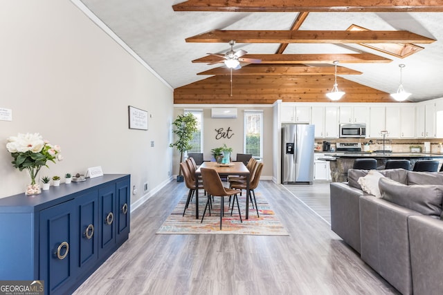 dining room featuring light hardwood / wood-style floors, high vaulted ceiling, a wall mounted AC, ceiling fan, and beam ceiling