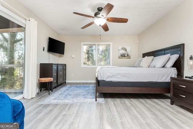 bedroom featuring light wood-type flooring and ceiling fan