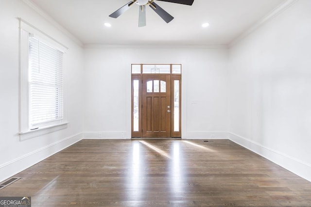 entryway featuring dark hardwood / wood-style flooring, ceiling fan, and plenty of natural light