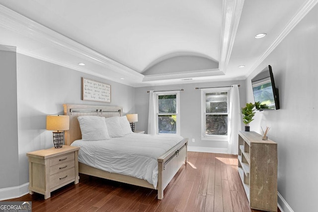 bedroom featuring dark wood-type flooring and crown molding