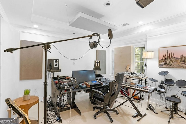 office with a raised ceiling and ornamental molding