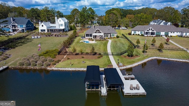 drone / aerial view featuring a water view