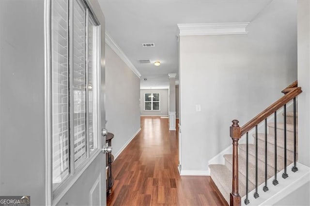 foyer featuring dark hardwood / wood-style floors and ornamental molding