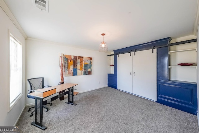 carpeted home office featuring ornamental molding and a healthy amount of sunlight