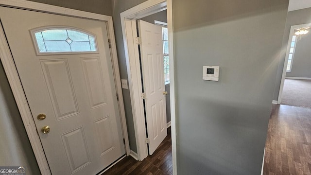 doorway with a healthy amount of sunlight and dark hardwood / wood-style floors