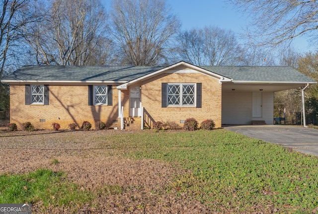 single story home featuring a front yard and a carport