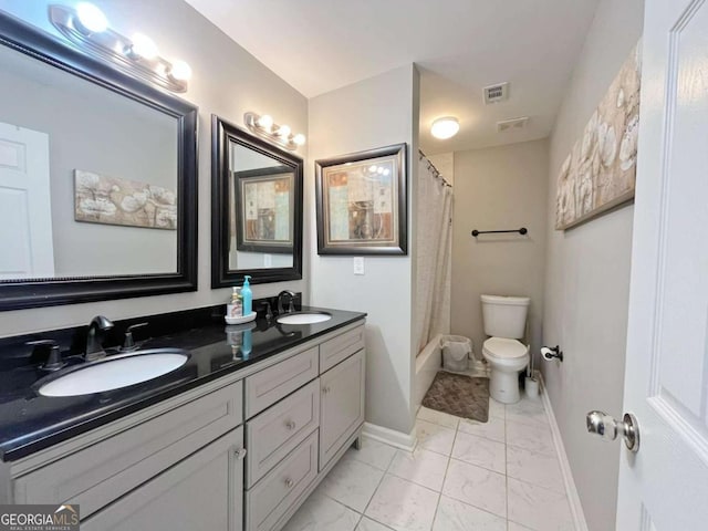 full bathroom with toilet, shower / tub combo, and vanity