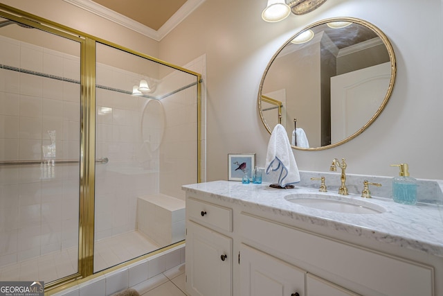 full bath with ornamental molding, a stall shower, and vanity