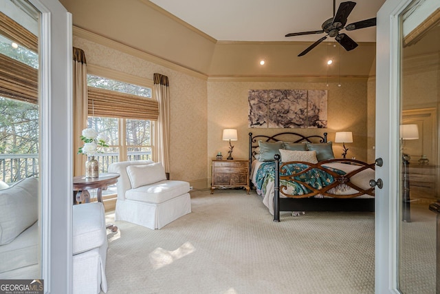 bedroom with carpet floors, wallpapered walls, and ornamental molding