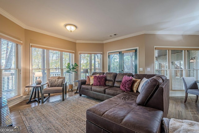 living room featuring hardwood / wood-style flooring, visible vents, and ornamental molding