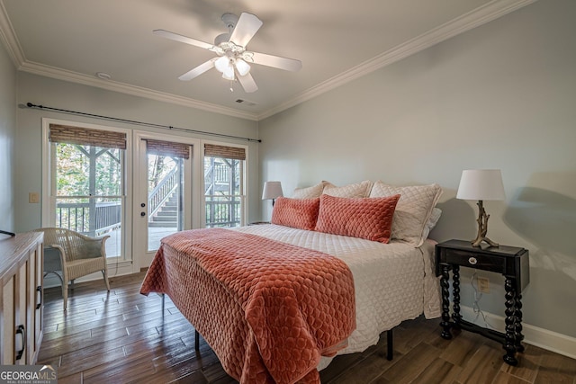 bedroom featuring access to exterior, crown molding, baseboards, and wood finished floors