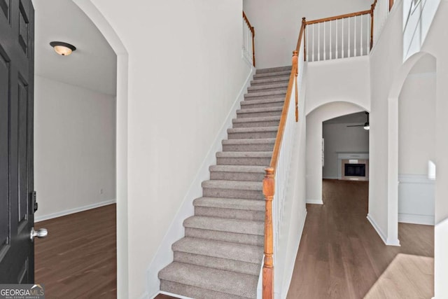 interior space featuring a high ceiling, ceiling fan, and hardwood / wood-style flooring