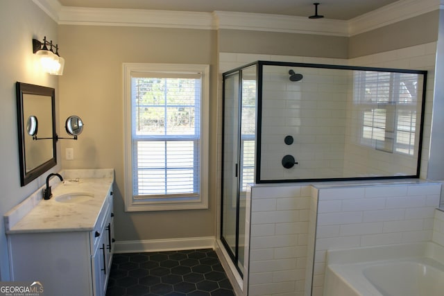 bathroom featuring vanity, tile patterned flooring, crown molding, and plus walk in shower