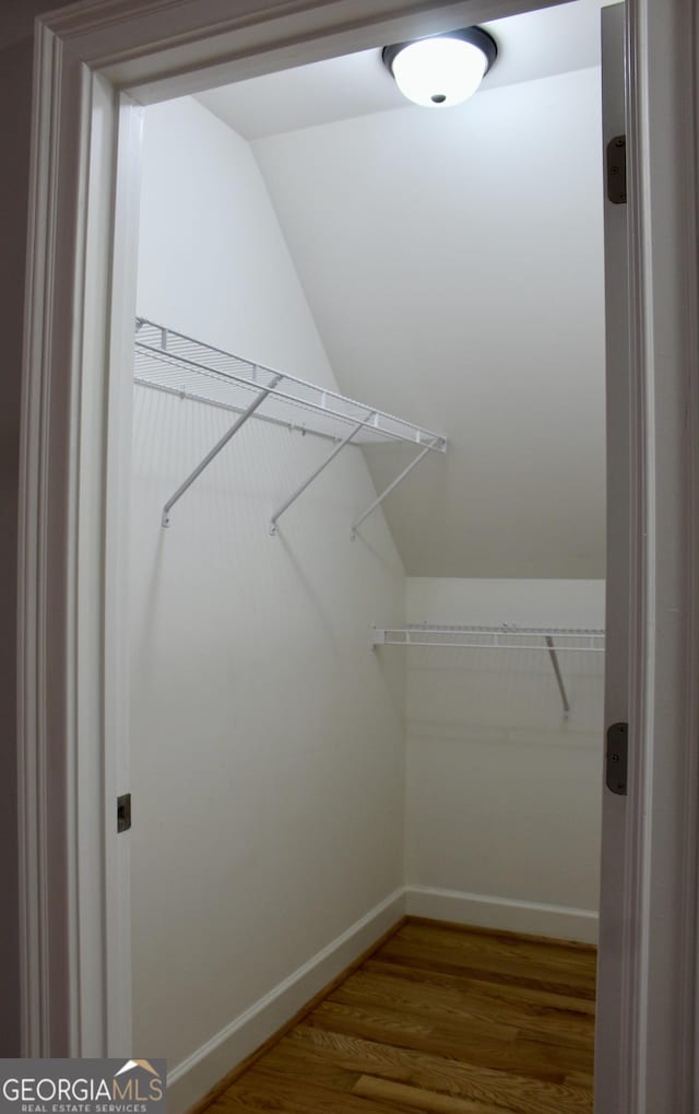 spacious closet with lofted ceiling and wood-type flooring