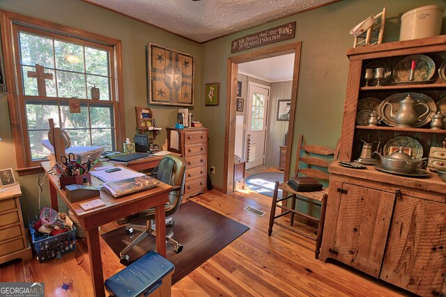 office space with light hardwood / wood-style floors, crown molding, and a textured ceiling