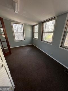 carpeted empty room featuring vaulted ceiling