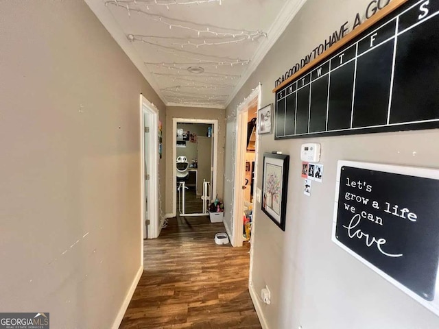 hallway featuring dark hardwood / wood-style flooring and crown molding