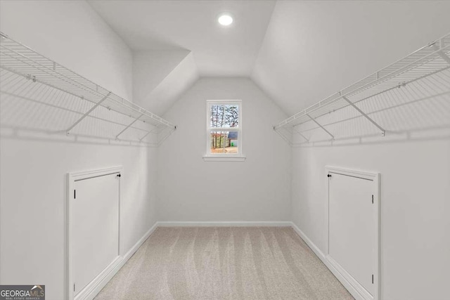 walk in closet featuring carpet flooring and lofted ceiling