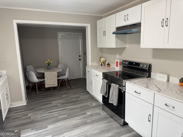 kitchen with white cabinets, ornamental molding, stainless steel range with electric cooktop, and light stone counters