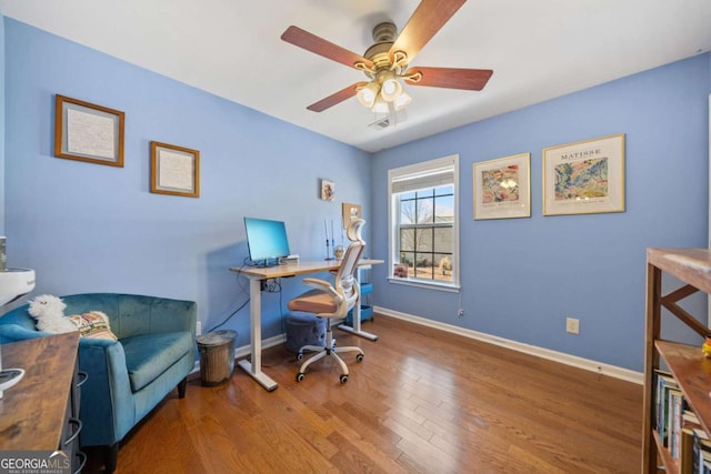 office area featuring ceiling fan and wood-type flooring