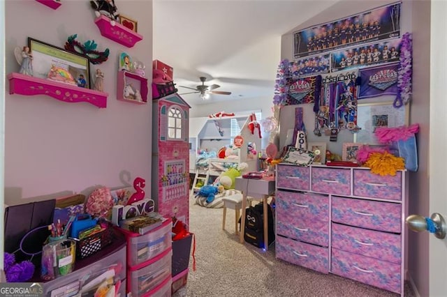 bedroom with ceiling fan and carpet