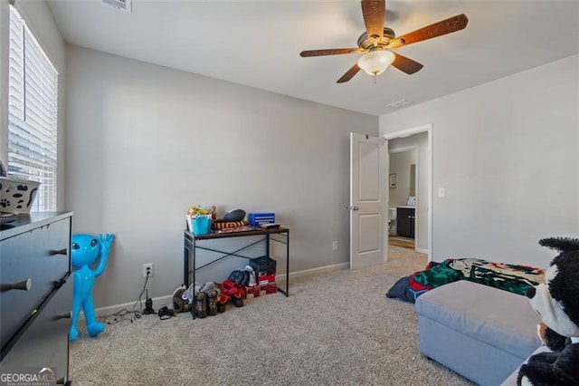 game room featuring ceiling fan and carpet flooring