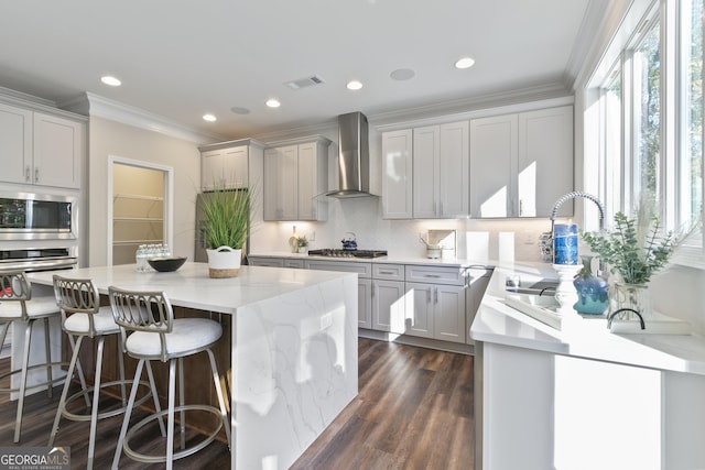 kitchen featuring appliances with stainless steel finishes, dark hardwood / wood-style floors, tasteful backsplash, wall chimney range hood, and a center island